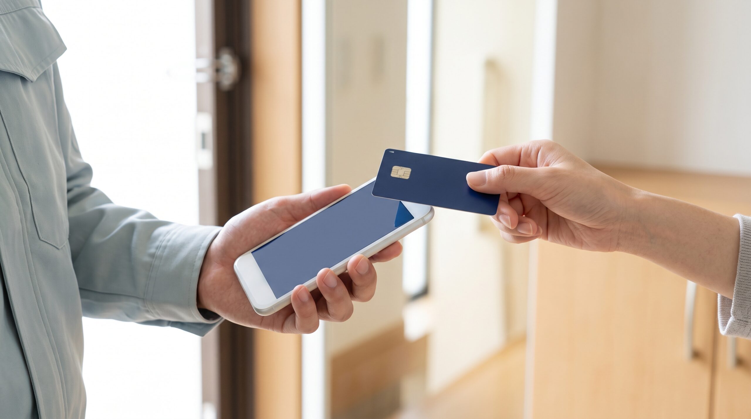玄関先でスマートフォンに紺色のクレジットカードをかざしてタッチ決済する手元