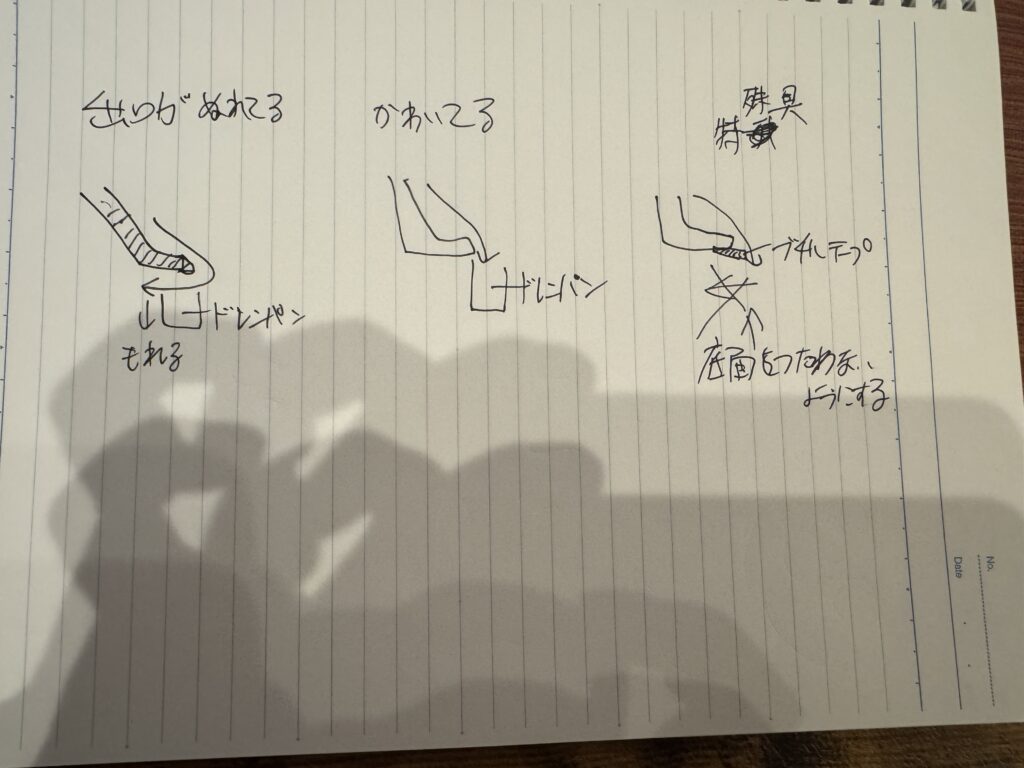 手描きメモ3枚目。「出口がぬれてる」「かわいてる」「特殊具」の3コマ。濡れていると奥へ戻って漏れる、乾いていればドレンパンへ、ブチルテープで下面を伝わせない